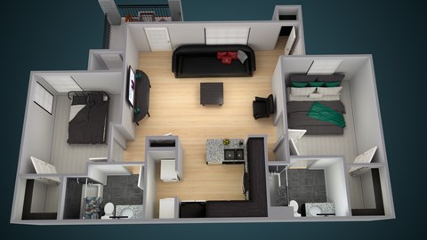 A top-down view of a small, modern apartment with a living area, kitchen, and bedroom.